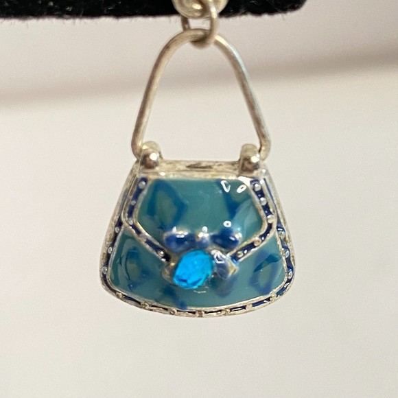 Handbag Earrings Blue Enamel Over Silver Tone Metal With Central Blue Stone - Picture 6 of 10